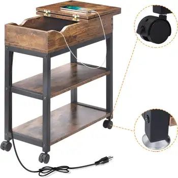 Приставной столик с зарядной станцией, Откидывающийся приставной столик с полкой для хранения и USB-портами и розетками для небольших помещений, Узких