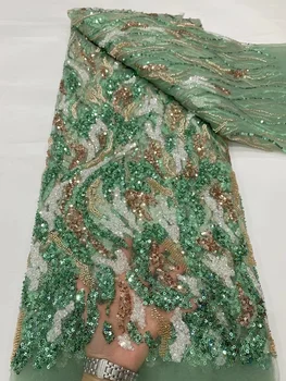 Роскошная кружевная ткань с бисером и пайетками, 5 ярдов для свадебных платьев, массивные хрустальные бусины, Африканский свадебный блестящий тюль, последовательность