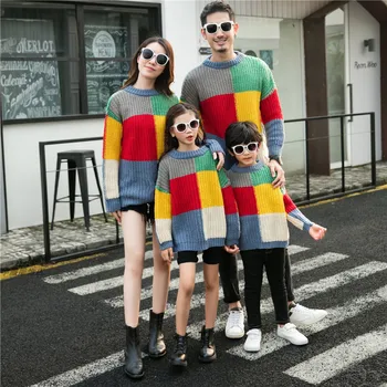 Семейный свитер для папы, мамы, девочек, мальчиков, подходящая одежда, взрослые, детские, детские Вязаные пуловеры в клетку, свитера
