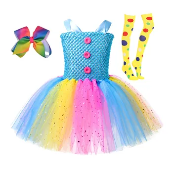 Тюлевое платье-клоун для девочек, галстук на бретельках, костюм ручной работы, блестящее сетчатое платье-пачка, бальное платье клоуна на Хэллоуин, Цирковые костюмы для косплея