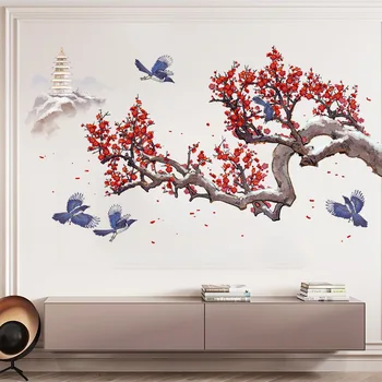 Чернила Китайский стиль Цветок Сливы Наклейки на стену Гостиная Спальня Фоновое Украшение Обои Большая Фреска Наклейка для домашнего декора