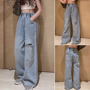 Школьные широкие брюки для девочек с рваным дизайном Повседневные Свободные 2023 Новые весенние Модные длинные джинсы Детские брюки в корейском стиле